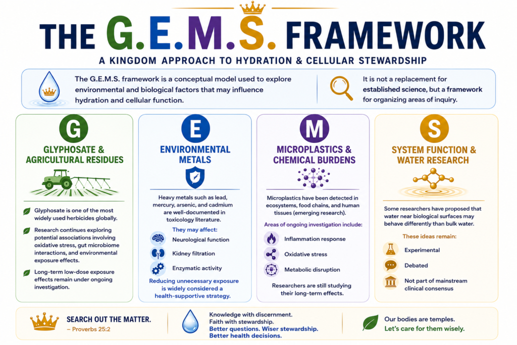 G.E.M.S. Framework infographic explaining Glyphosate, Environmental Metals, Microplastics, and System Function as a conceptual model for hydration and cellular stewardship.