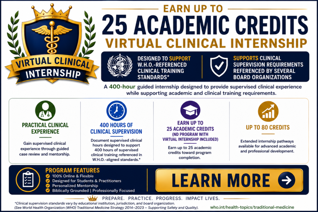 Virtual Clinical Internship banner highlighting 400 hours of supervised clinical experience, up to 25 academic credits, flexible online learning, and mentorship for naturopathic students and practitioners.