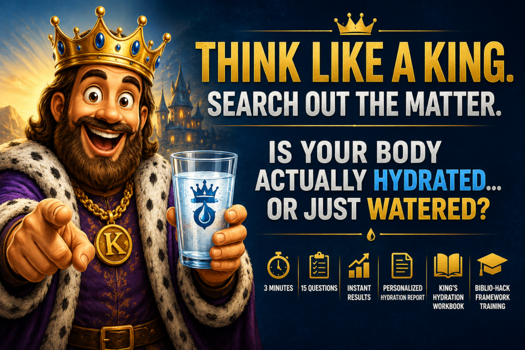 Illustrated king holding a glass of water promoting the King's G.E.M.S. Hydration Assessment