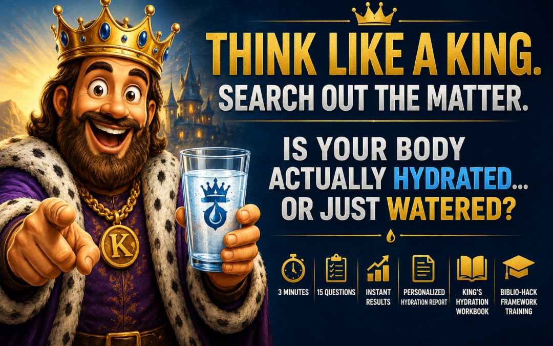 Illustrated king holding a glass of water promoting the King's G.E.M.S. Hydration Assessment