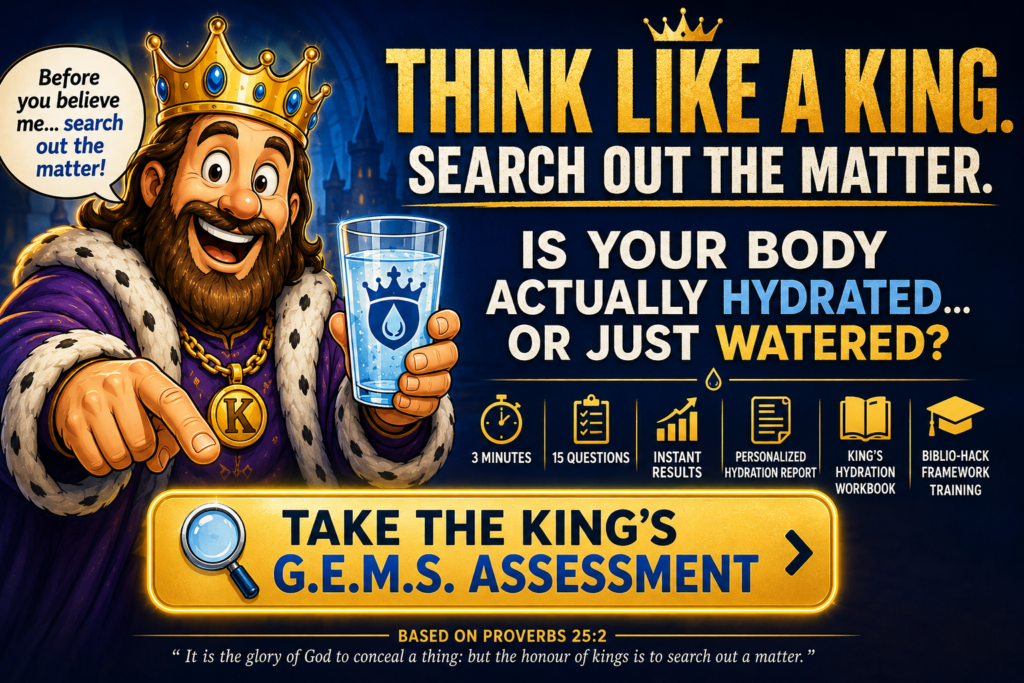 Illustrated king holding a glass of water promoting the King's G.E.M.S. Hydration Assessment with the message 