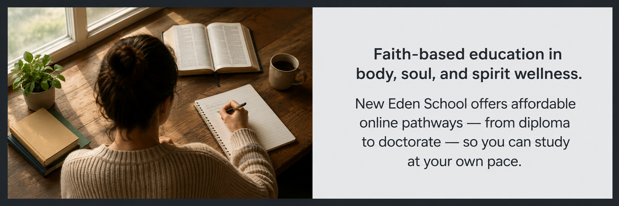 Student studying faith-based natural health and Wholiopathy courses at a desk.